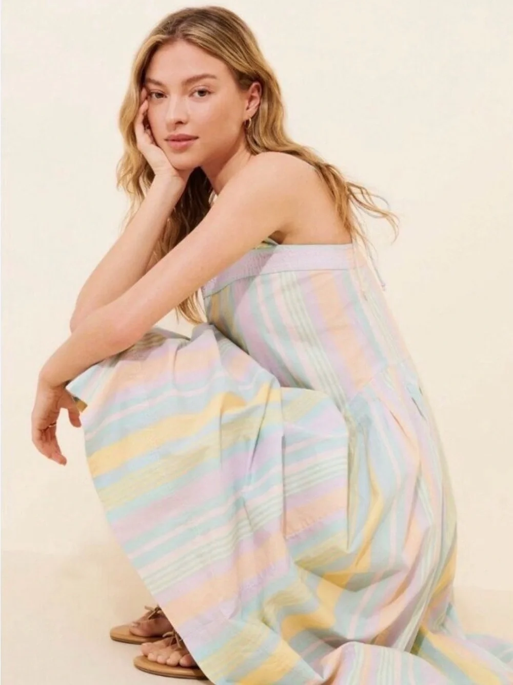 Free people Primavera Stripe cotton midi dress multicolor pockets sz L Boho